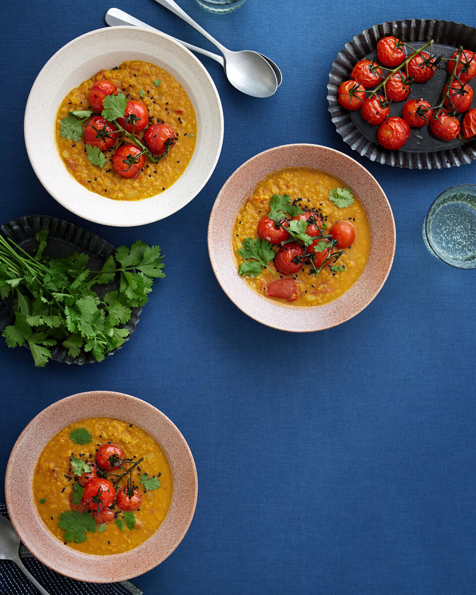 Billig aftensmad: Dhal med ovnristede tomater