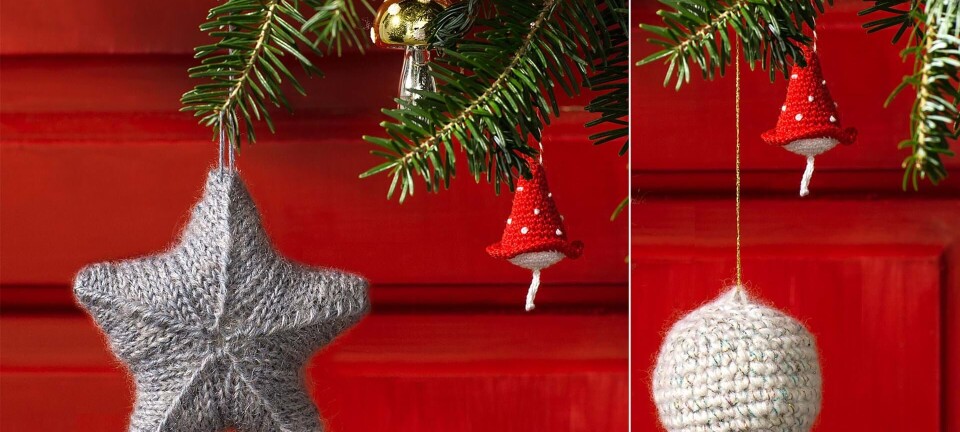 Blød julepynt: Strikket stjerne, hæklet paddehat og hæklet snebold