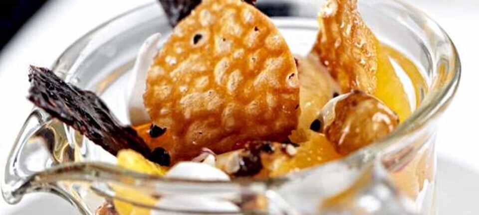 Sorbet af blodappelsin med vaniljeiscreme, kyskager og hasselnøddecrumble