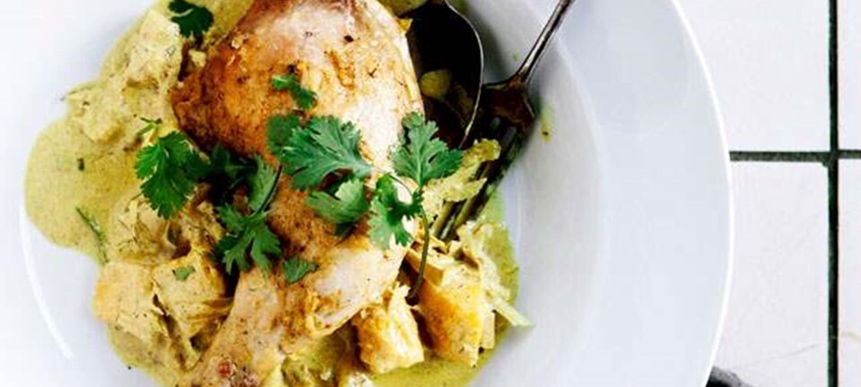 Indisk kylling med frisk kokos og mango