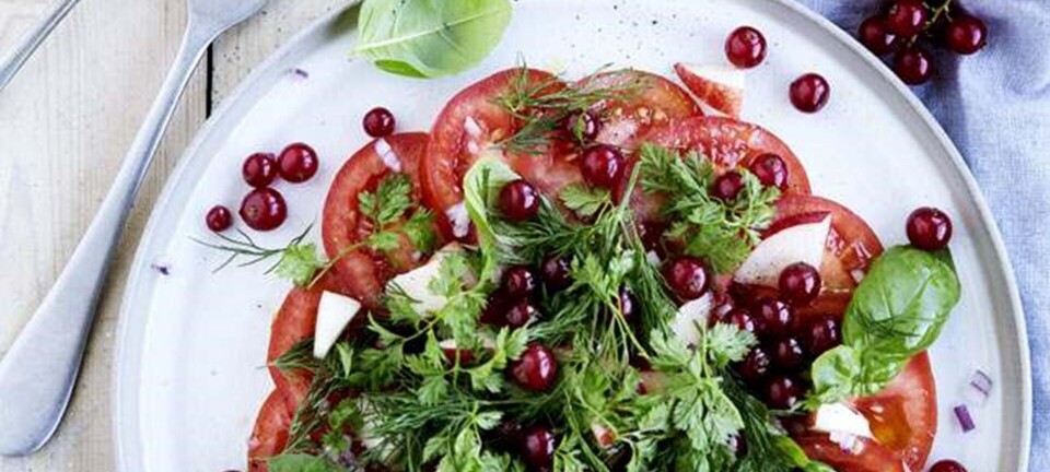 Tomatsalat med ribs, nektarin og kryddeurter