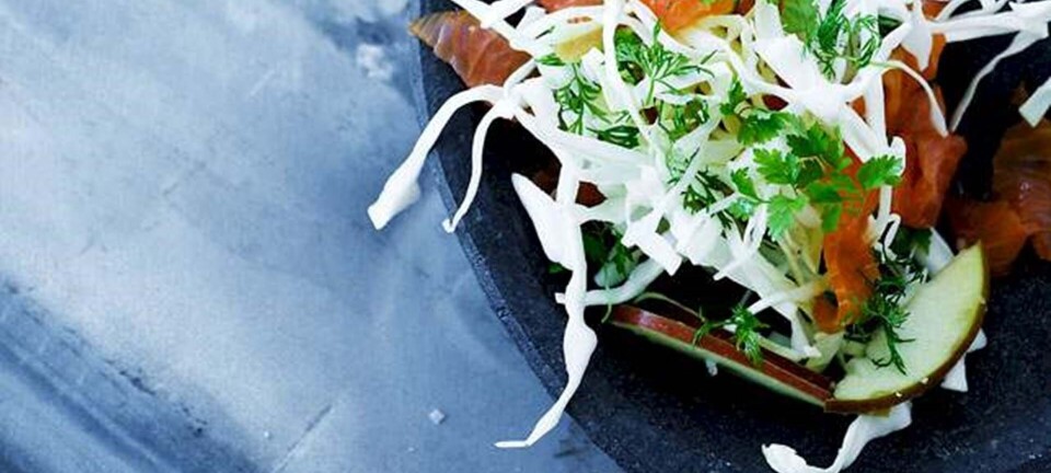 Spidskålsalat med varmrøget laks