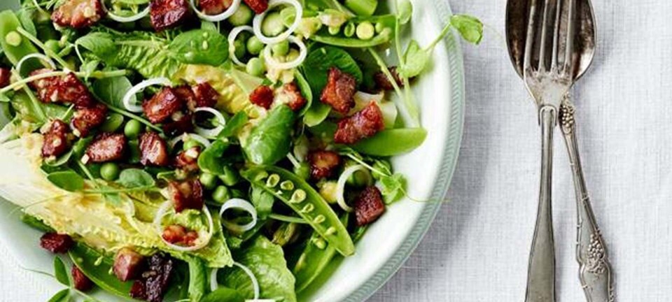 Grøn-i-grøn salat med bacon og senneps-vinaigrette