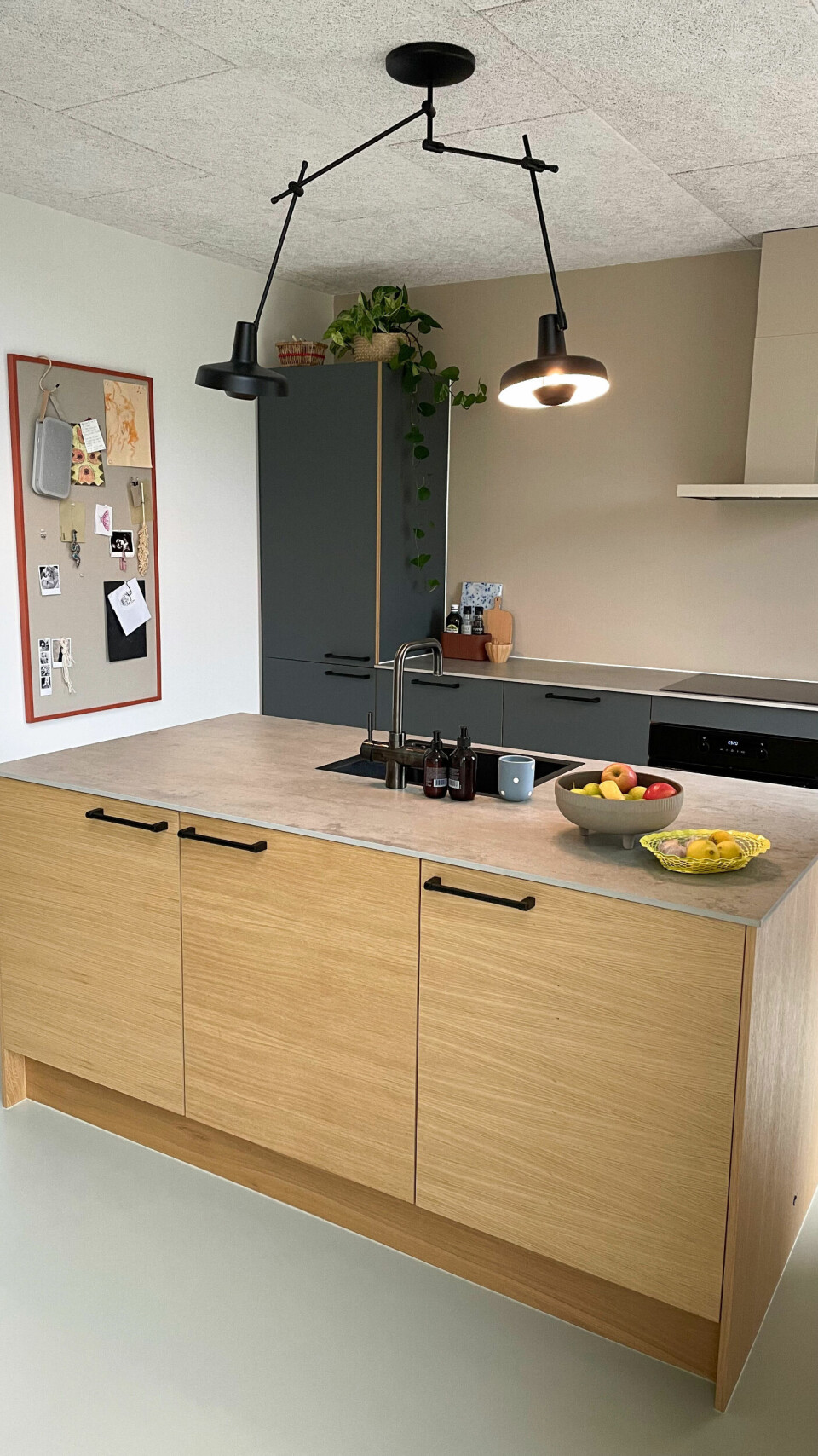 Emhætten er fra IKEA og den har parret selv malet. Lampe fra Arigato