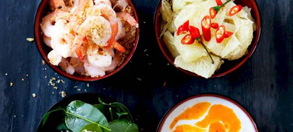 Tigerrejesalat med pomelo, citrongræs, limeblade og chili-kokosdressing