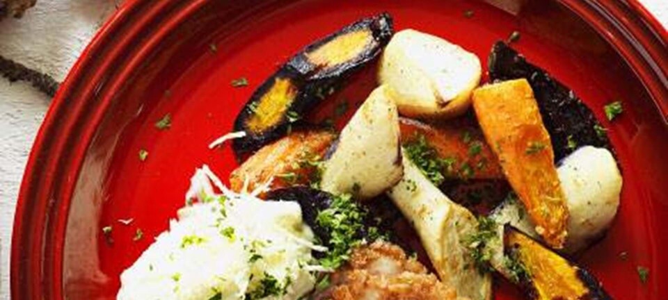 Saltbagte andebryster med rodfrugter og peberrodscreme