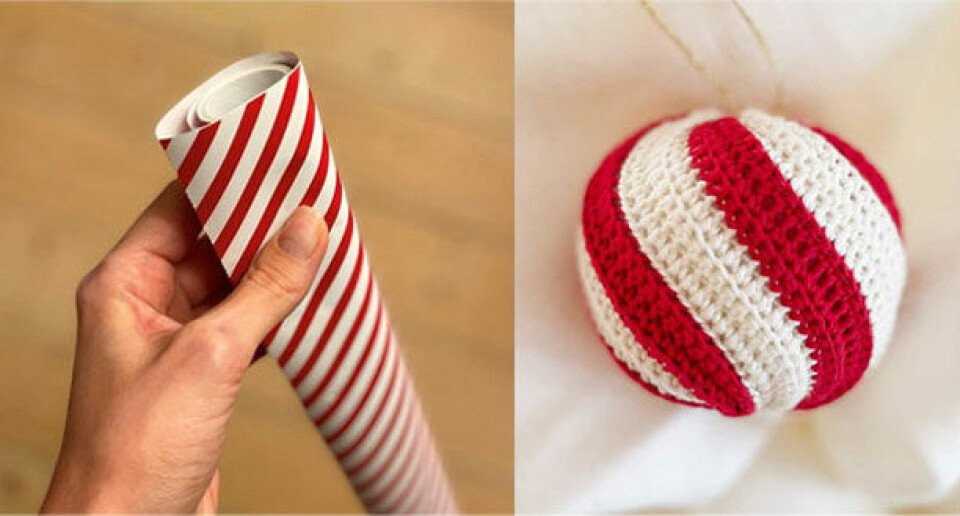 Inspirationen til yndlingsjulekuglen kom fra IKEA's stribede julegavepapir.