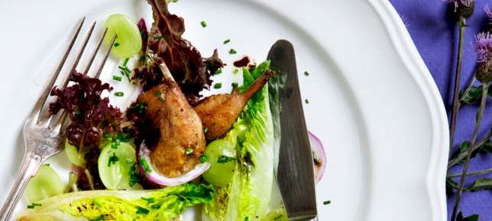 Salat med marinerede druer og stegt vagtel
