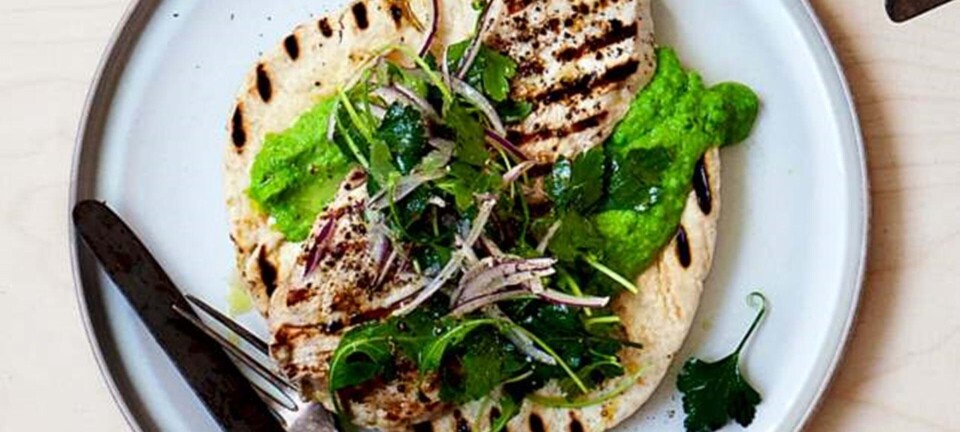 Grillet gris med ærtepuré og pitabrød