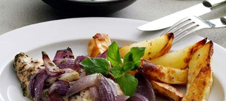 Ovnstegt kylling med kartofler og tzatziki