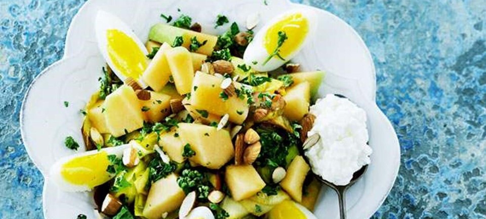 Lun porresalat med melon, æg og hytteost