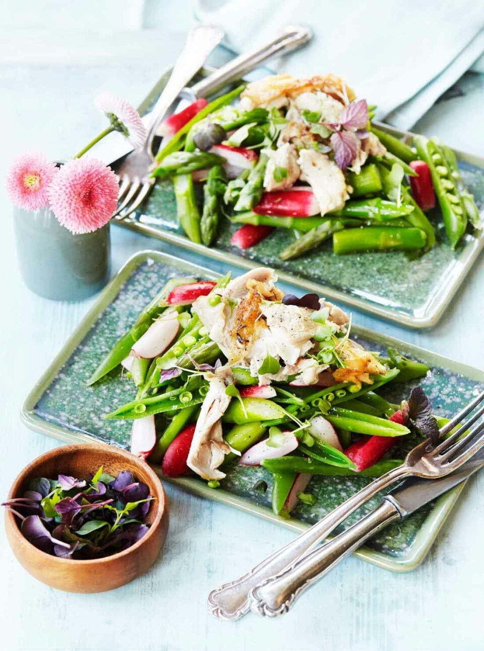 Stegt kylling med sprød salat af sugarsnaps og radiser