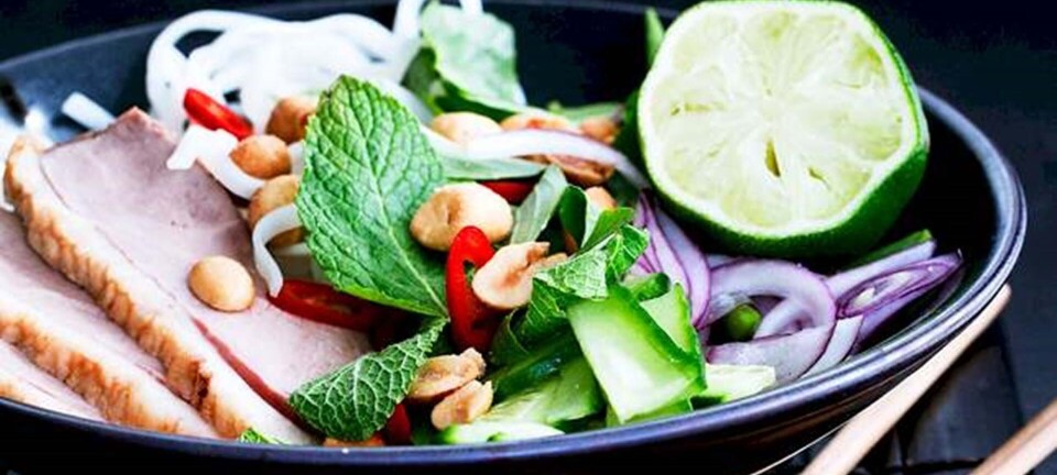 Risnudelsalat med peanuts, and og hellig basilikum