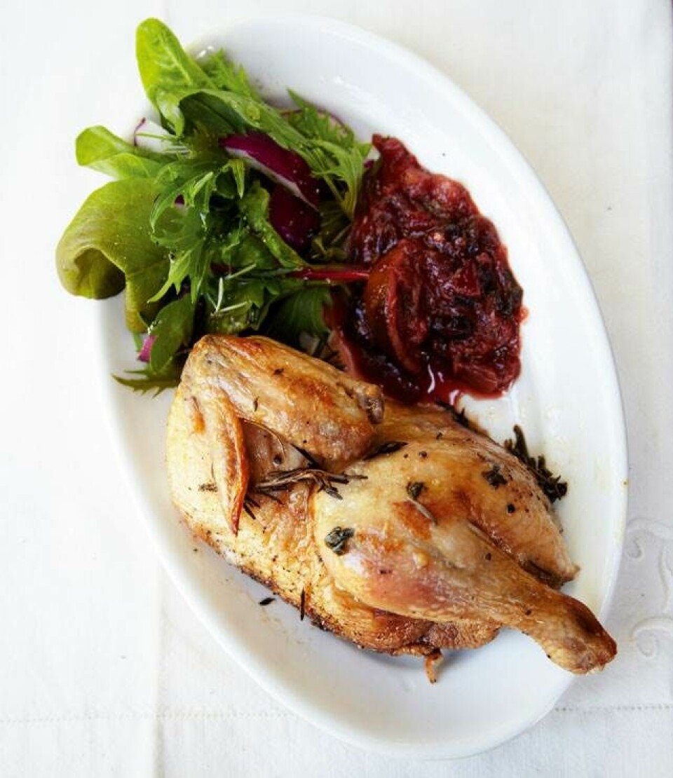 Ovnstegt kylling med spicy rabarberchutney og salat