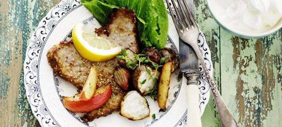 Kalveschnitzler med rodfrugter