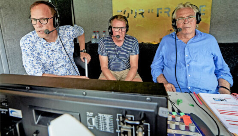 Dennis Ritter og Rolf Sørensen med Jørgen Leth i kommentatorboksen (Foto: Ritzau Scanpix)