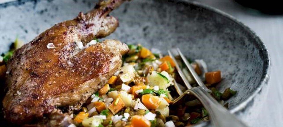 Andelårconfit med grønne linser