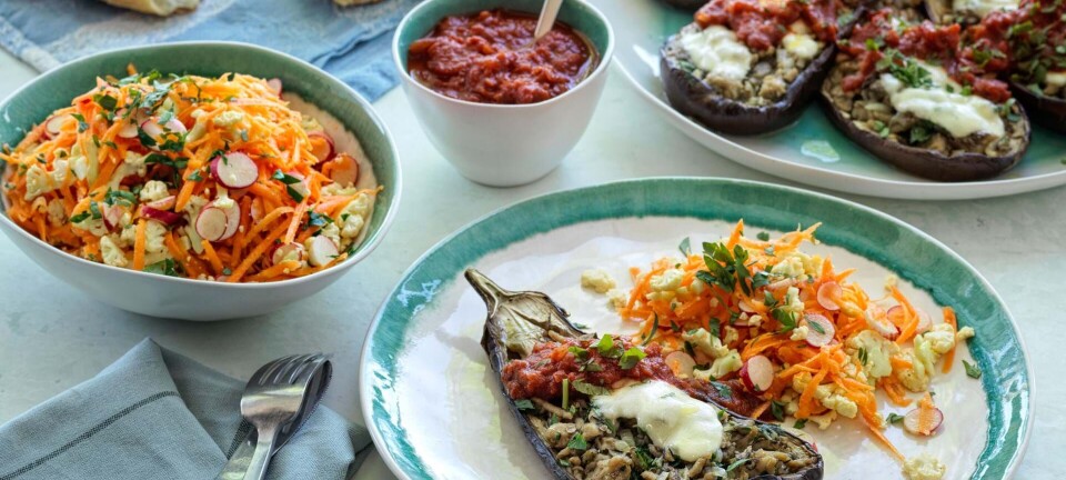 Fyldte auberginer med tomatsovs
