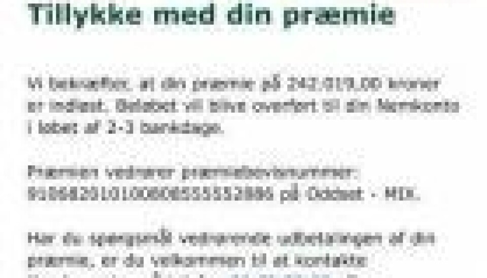 Nicolai fik en glædelig mail fra Danske Spil, da han indløste sin gevinst. (Foto: Privat)