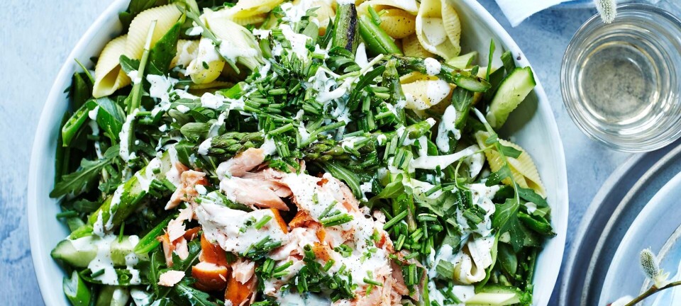 Pastasalat med varmrøget laks