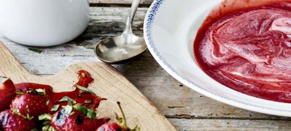 Jordbærsuppe med hyld, fløde og grillede jordbær