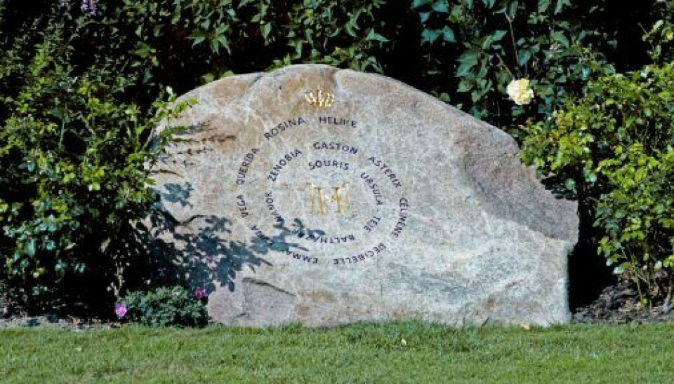 Uden for Marmorhaven er 16 af Regentparrets hunde begravet. På stenen, der har et forgyldt ”H” for Henrik i midten, er senest Helike blevet tilføjet. Den 12-årige gravhund blev aflivet i september sidste år på grund af sygdom. (Foto: Anthon Unger)