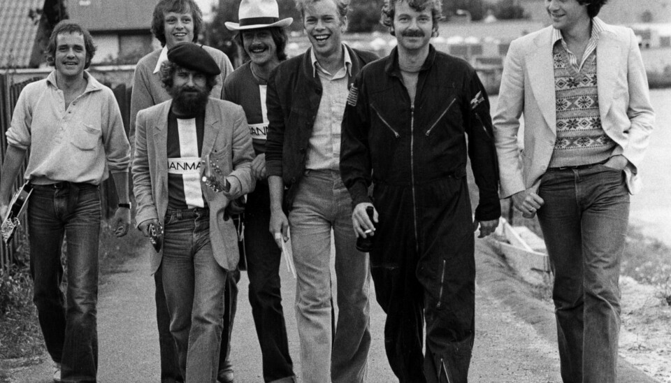 Shu-bi-dua samlet i 1979. Michael Bundesen sammen med Claus Asmussen, Michael Hardinger, Willy Pedersen, Kim Daugaard, Bosse Hall Christensen og Morten Langebæk i 1979. (Foto: Aage Sørensen/Ritzau Scanpix)