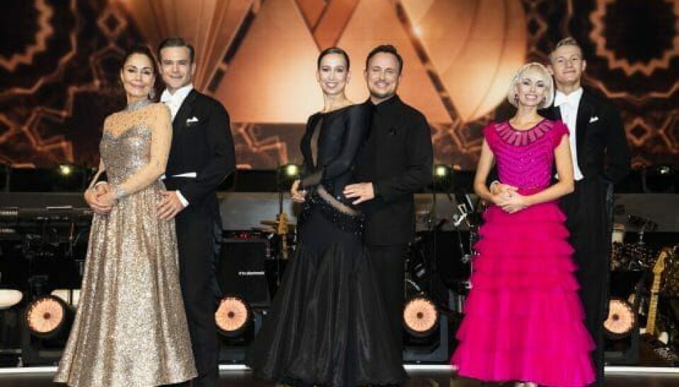 Finaleparrene Merete Mærkedahl og Thomas Evers Poulsen, Albert Rosin Harson og Jenna Bagge og Nukâka Coster-Waldau og Silas Holst til finalen i 'Vild med dans' i København lørdag den 19. december 2020 (Foto: Martin Sylvest/Ritzau Scanpix/pool)
