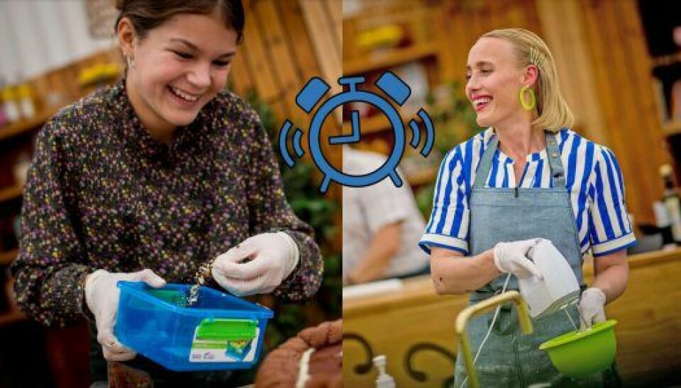 Malou fra 'Den store juniorbagedyst' og Lena fra 'Den store bagedyst' - hvem mon måtte bruge længest tid på deres kager? (Fotos: DR)