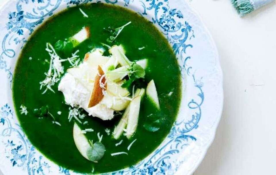 Opskrift på grønkålssuppe med peberrodscreme og æble-topping