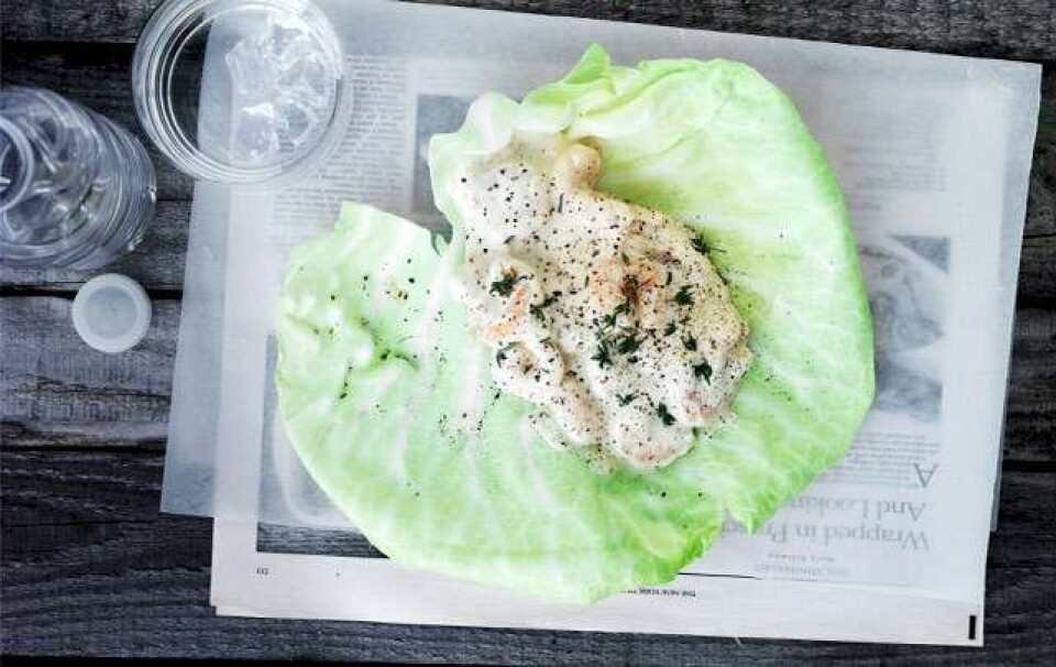 Kålwrap med rejer i sennep-skyr-dressing