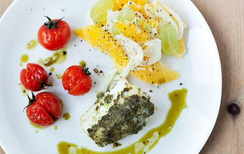 Opskrift på pestobagt torsk med fennikelsalat