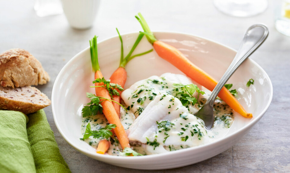 Fisk i frikassé med nye gulerødder og krydderurter