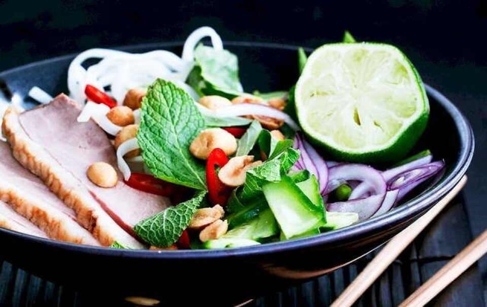 Opskrift på risnudelsalat med peanuts, and og hellig basilikum