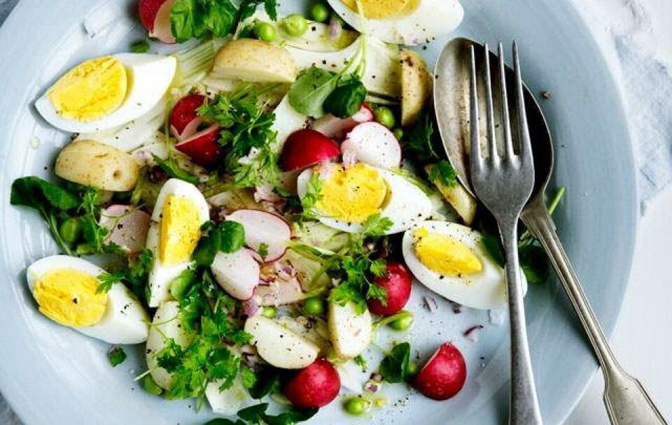 Sommerlig salat med ærter, æg, sprødt grønt og radiser