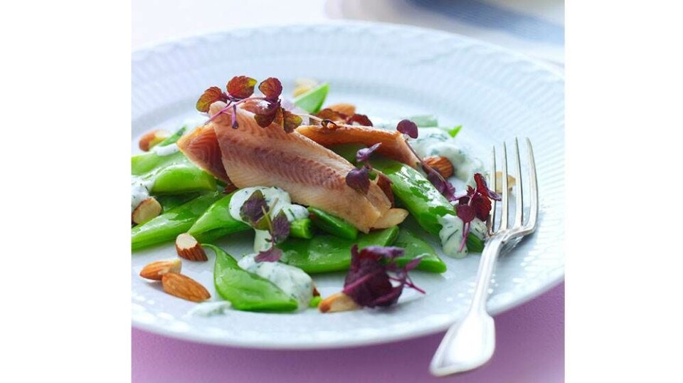 Opskrift: Ørredfilet med salat, grønne bønner & mandler
