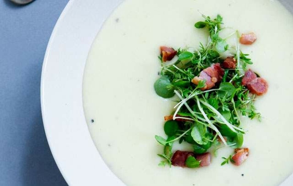 Opskrift på kartoffel-porresuppe med bacon og forårsløg