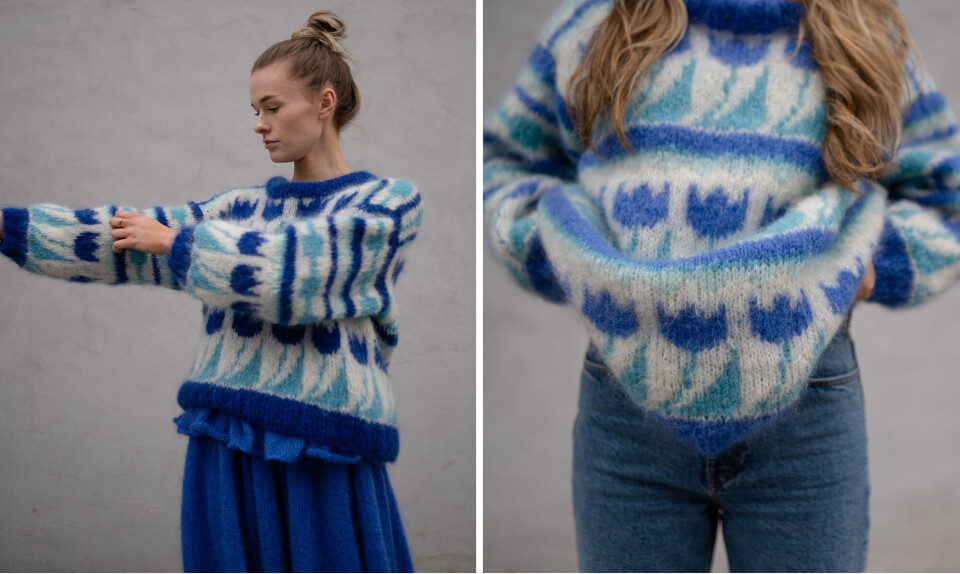 Strik tulipan i blå