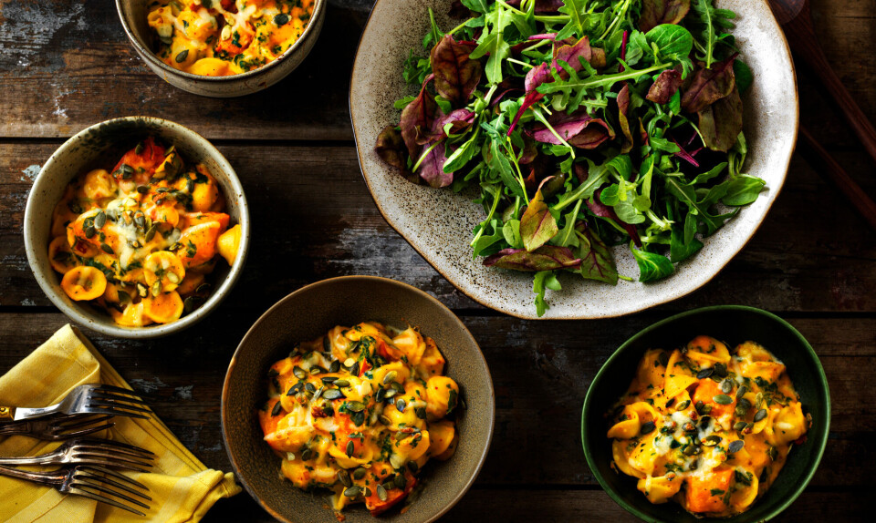 Mac and cheese med hokkaido og grønkål