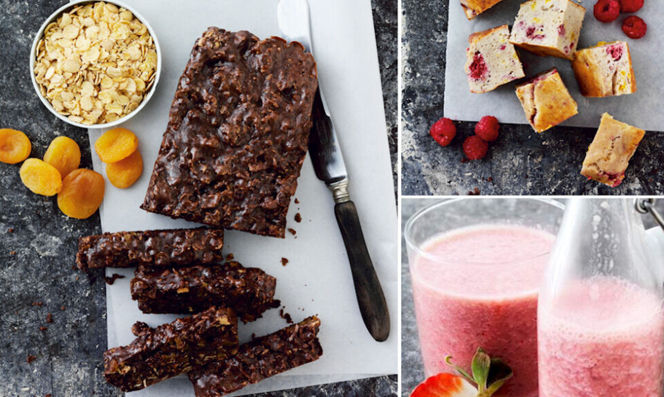 4 opskrifter på sunde snacks med masser af protein Proteindrik uden mælk og proteinbar med chokolade