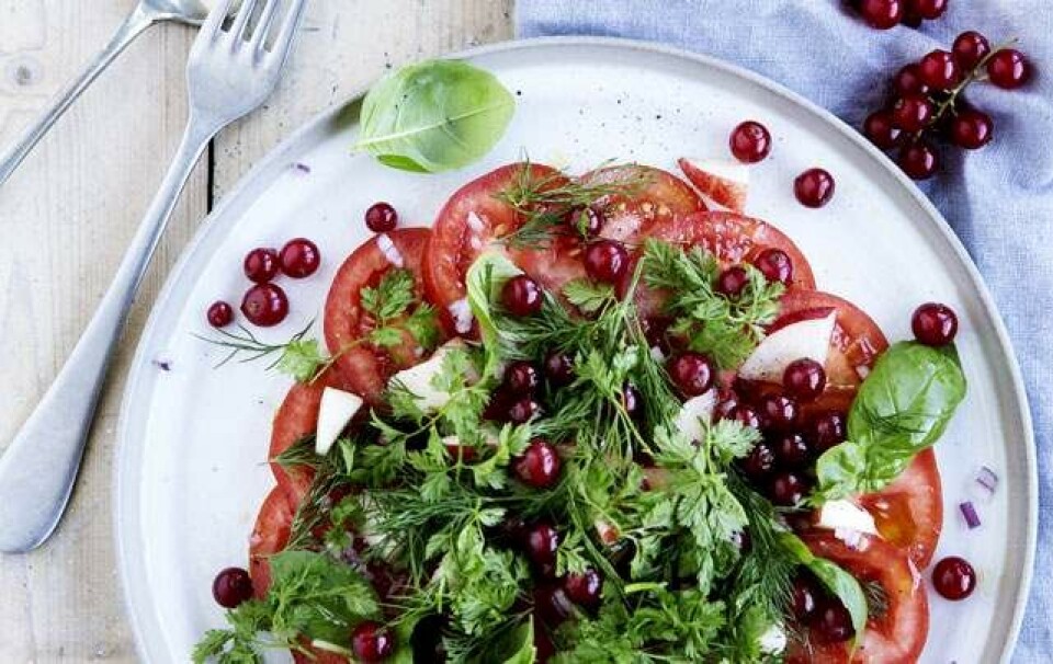 Tomatsalat med ribs, nektarin og kryddeurter