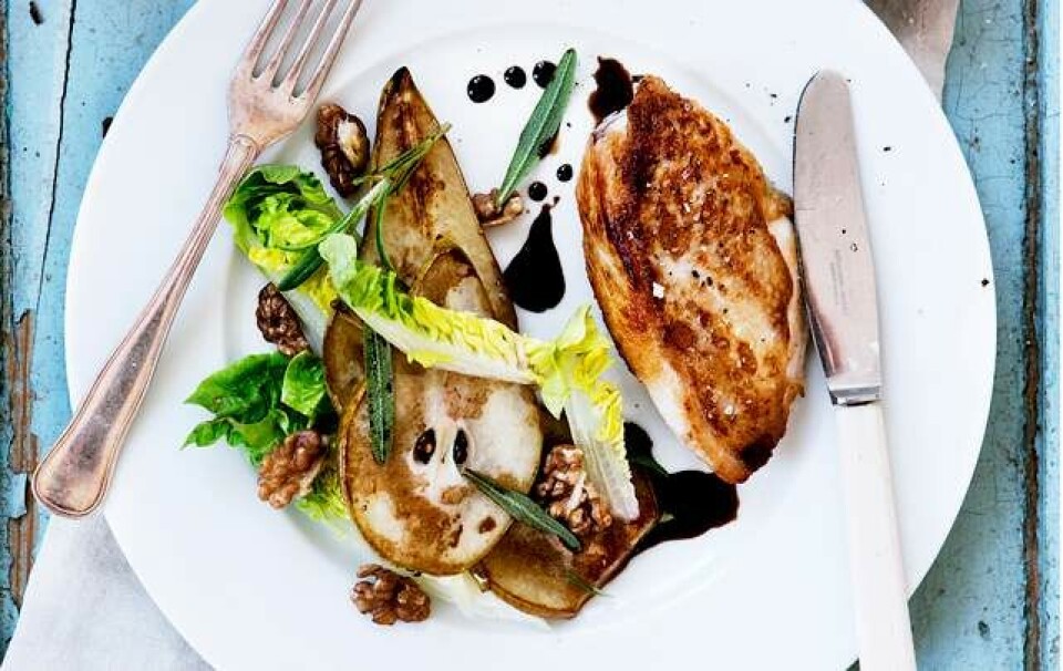 Opskrift på kylling med lynsyltede pærer