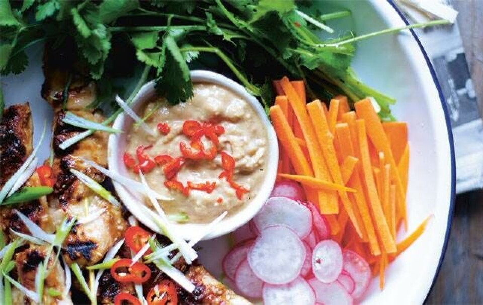 Spyd med peanutsauce og friske grønsager