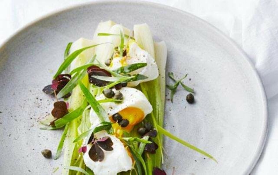 Porrer med knust æg og vinaigrette
