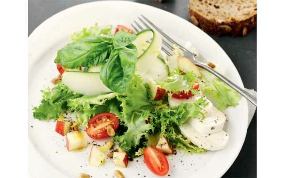 Salat af courgette, æble, tomat og mozzarella