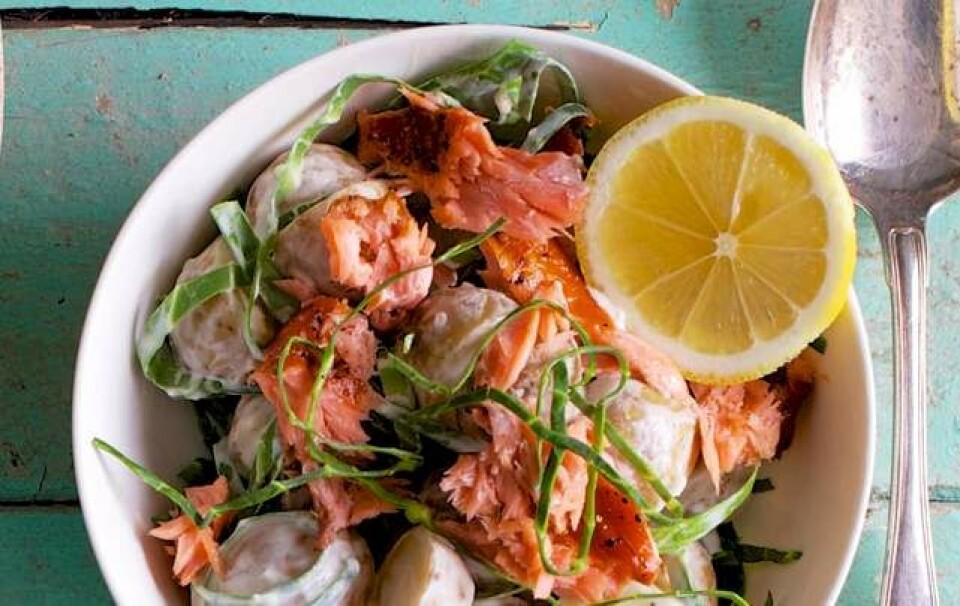 Kartoffelsalat med varmrøget laks og spidskål