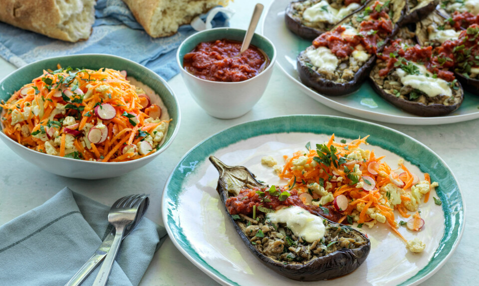 Fyldte auberginer med tomatsovs