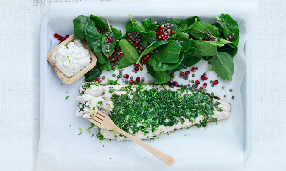 Ovnbagt fisk med spinatsalat