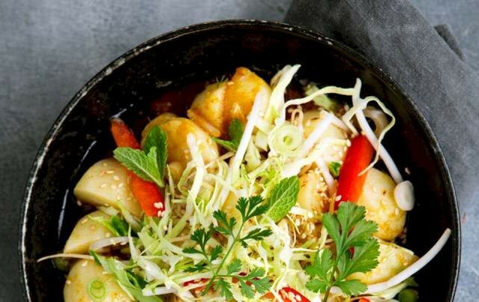 Kold asiatisk kartoffelsalat med kål, sesam, koriander og mynte