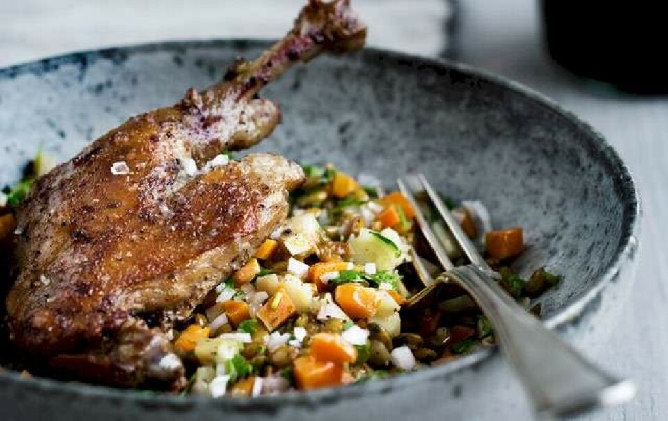 Andelårconfit med grønne linser